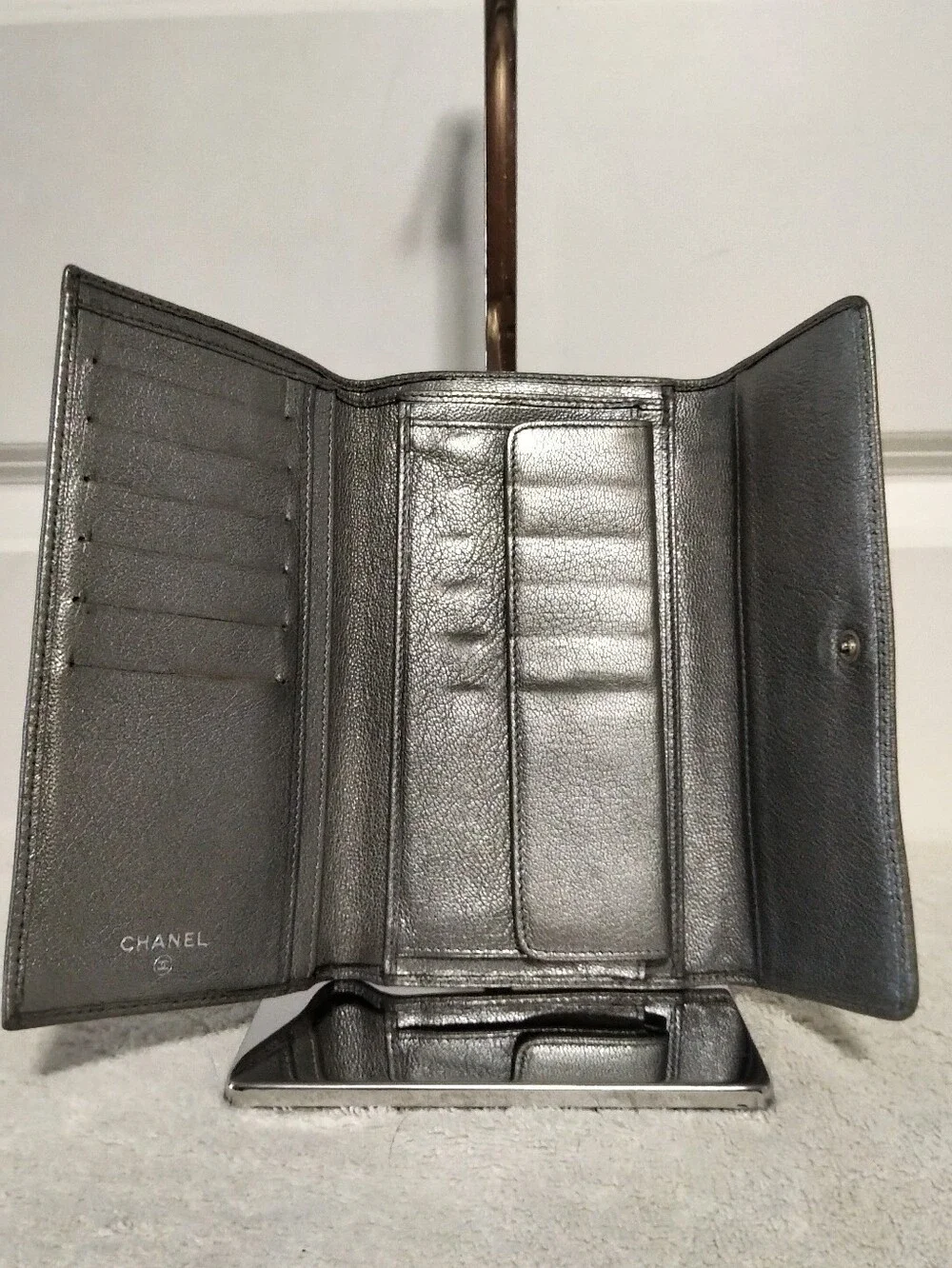 Authentic Chanel Metallic Silver Tri-fold Wallet - Silver CC Logo